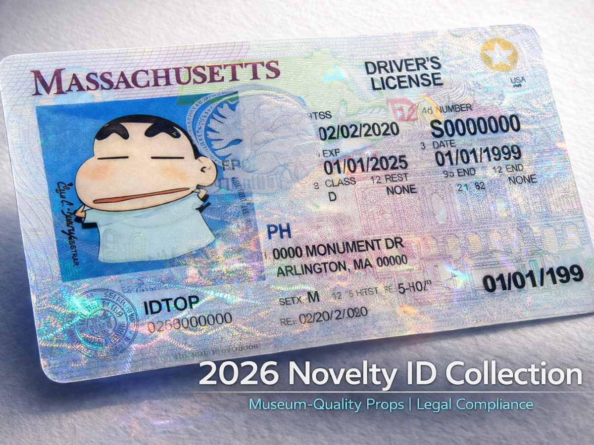 Close-up product photo of a 2026 novelty ID prop showing legal markings, micro-embossing texture, and layered construction