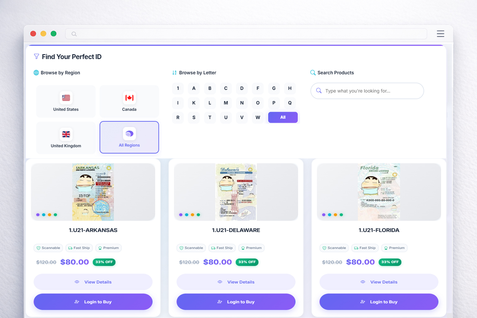 Step 1 screenshot of 2026 novelty ID template selection interface displaying 50+ fantasy state and country design options including State of Imagination Republic of Cinema and vintage 1980s aesthetic themes for custom prop identification cards