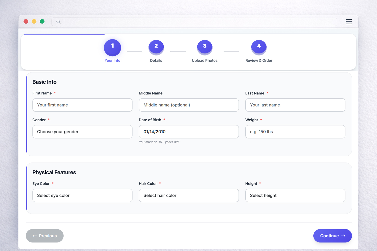 Step 2 screenshot of custom novelty ID design preview tool showing real-time 3D rendering photo upload AI-powered compliance verification system automatic NOVELTY watermark insertion font color customization and hologram style selection for 2026 prop cards