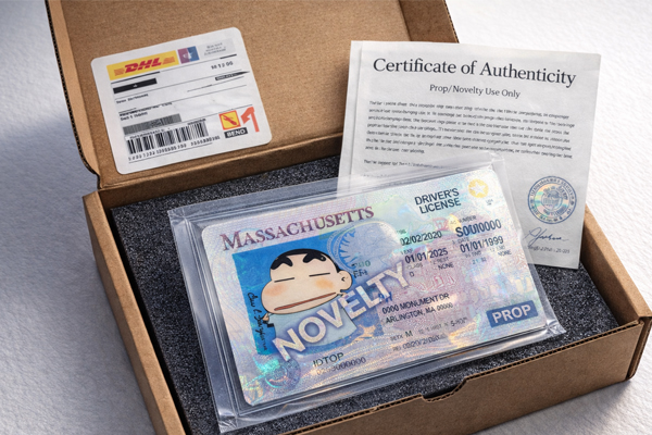 Step 3 photograph of secure package delivery box containing 2026 custom novelty IDs with DHL express tracking worldwide shipping in 5-7 business days including Certificate of Authenticity and protective sleeve for film props theatrical productions and collectors